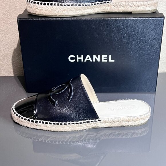 CHANEL Black Patent CC Backless Double Sole Espadrille Slide Mule Flat 41 - Picture 9 of 11